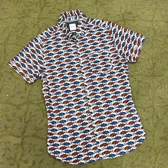 ZipCode S Red & Blue Fish Short Sleeve Button Down Shirt w Pocket for Summer Fun - Picture 7 of 11